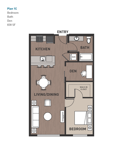 Floor plan for 1 bed, 1 bath, 838 sqft